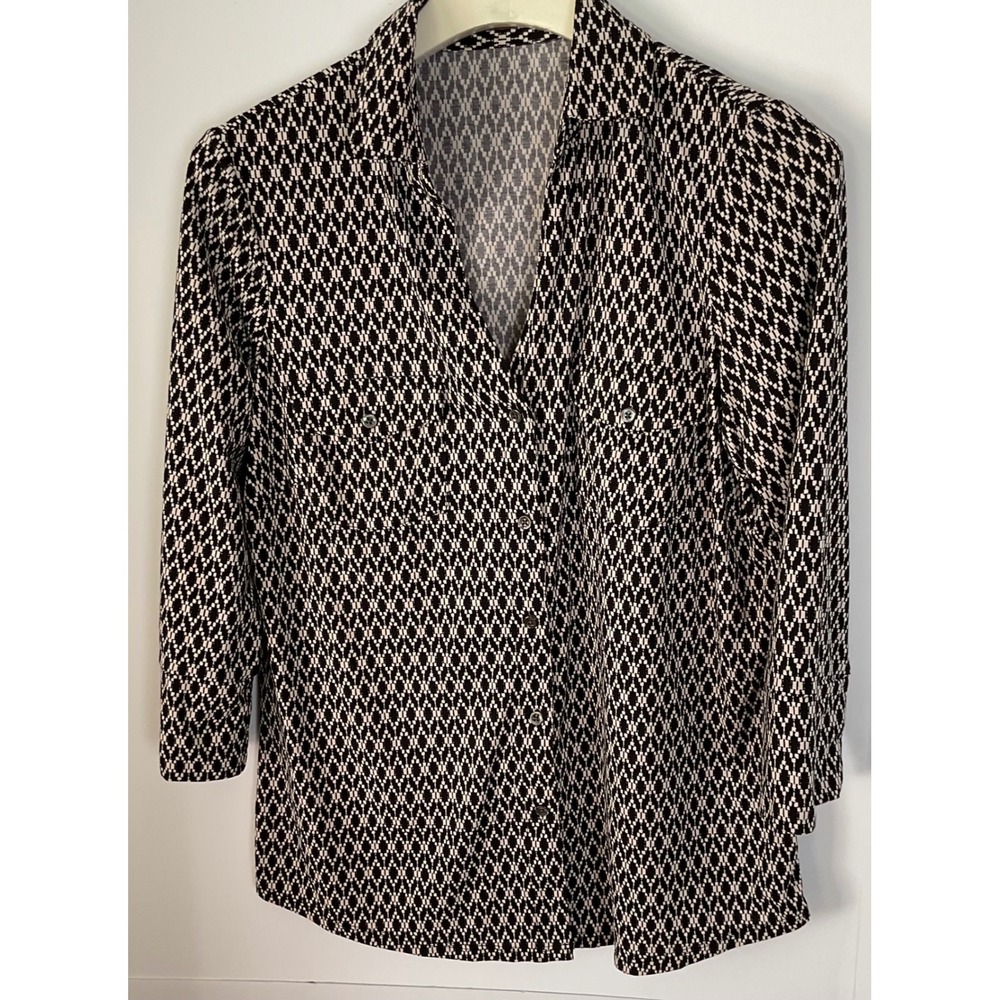J. McLaughlin Womens Black White Geometric Diamond Print Button Down Shirt  M